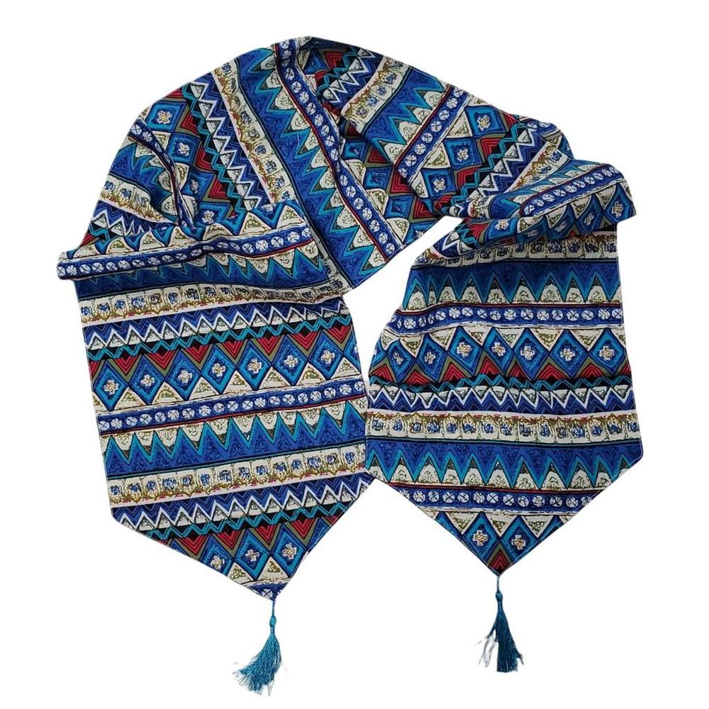 Table Runner Aztec Nordic Navajo Blue Red Lightweight Weave Tassel 70 x 12 New
